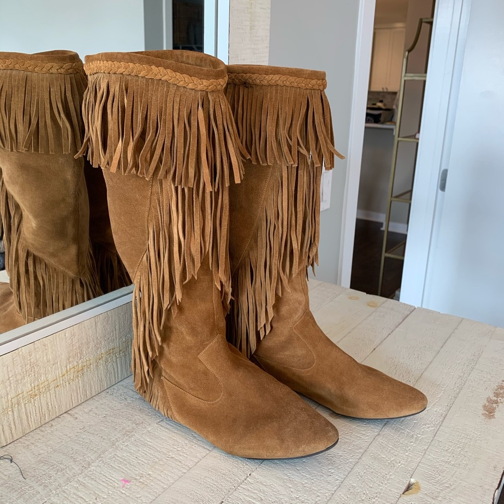 New Sam Edelman Utah Fringe Brown Suede Boots, 8